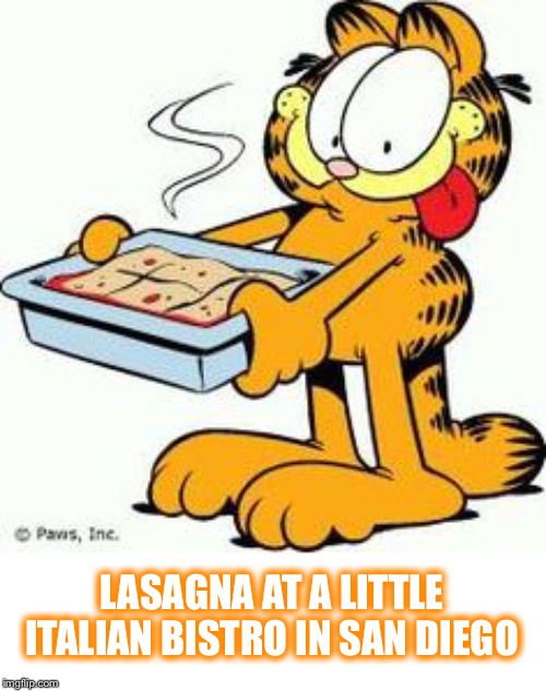 Garfield Lasagna | LASAGNA AT A LITTLE ITALIAN BISTRO IN SAN DIEGO | image tagged in garfield lasagna | made w/ Imgflip meme maker