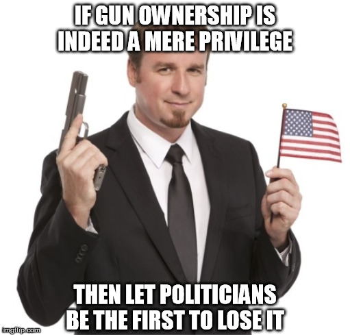 IF GUN OWNERSHIP IS INDEED A MERE PRIVILEGE; THEN LET POLITICIANS BE THE FIRST TO LOSE IT | image tagged in second amendment,gun control,politicians,walk the walk | made w/ Imgflip meme maker