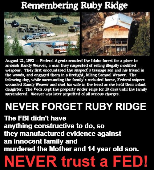 NEVER Forget Ruby Ridge! | NEVER trust a FED! | image tagged in government corruption,ruby ridge,second amendment,government overreach,fbi,murder | made w/ Imgflip meme maker