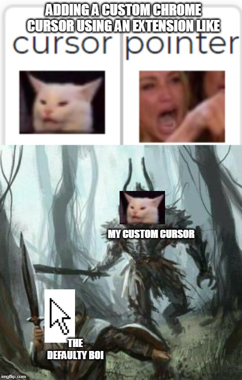 Adding a new chrome cursor like | ADDING A CUSTOM CHROME CURSOR USING AN EXTENSION LIKE; MY CUSTOM CURSOR; THE DEFAULTY BOI | image tagged in cats,confused cat,mouse pointer,confused dinner cat | made w/ Imgflip meme maker