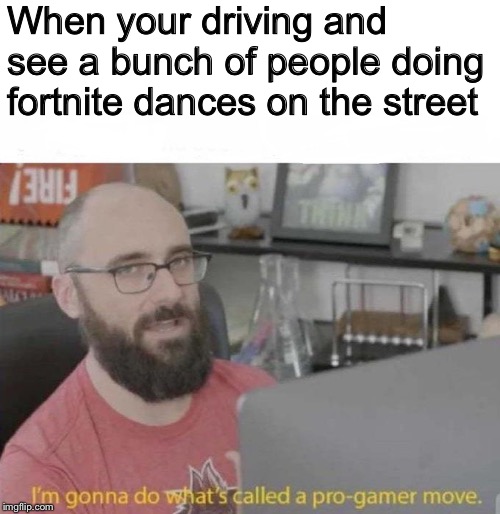 Pro Gamer move | When your driving and see a bunch of people doing fortnite dances on the street | image tagged in pro gamer move | made w/ Imgflip meme maker