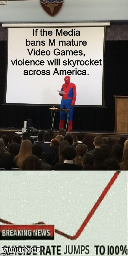 Reminds me of Article 13... | If the Media bans M mature Video Games, violence will skyrocket across America. VIOLENCE | image tagged in spiderman presentation,memes,dank memes,funny,funny memes | made w/ Imgflip meme maker
