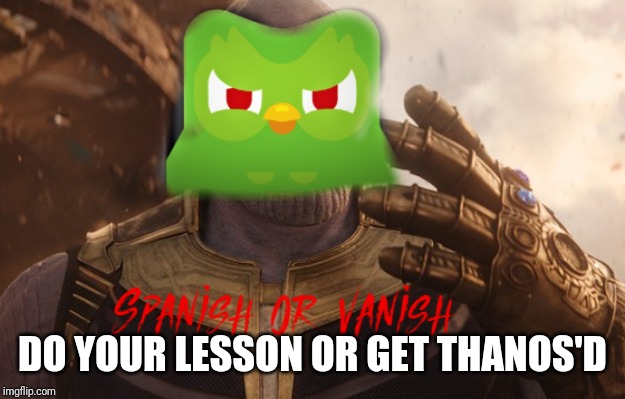 SPANISH OR VANISH | DO YOUR LESSON OR GET THANOS'D | image tagged in spanish or vanish | made w/ Imgflip meme maker