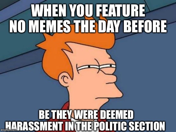 Go figure right, it's politic section tho lol | WHEN YOU FEATURE NO MEMES THE DAY BEFORE; BE THEY WERE DEEMED HARASSMENT IN THE POLITIC SECTION | image tagged in memes,futurama fry | made w/ Imgflip meme maker