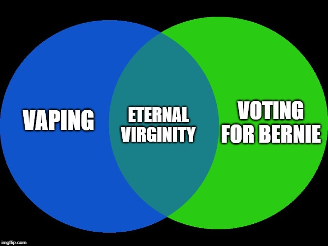 Venn Comparison | VOTING FOR BERNIE; ETERNAL VIRGINITY; VAPING | image tagged in venn comparison | made w/ Imgflip meme maker