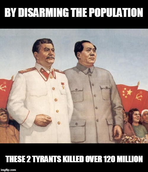 Stalin and Mao | BY DISARMING THE POPULATION THESE 2 TYRANTS KILLED OVER 120 MILLION | image tagged in stalin and mao | made w/ Imgflip meme maker