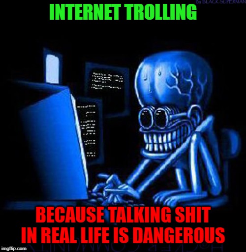 Stay safe my friends...they know who they are. | INTERNET TROLLING; BECAUSE TALKING SHIT IN REAL LIFE IS DANGEROUS | image tagged in internet trolls,memes,talking shit,funny,true story,stay safe my friends | made w/ Imgflip meme maker