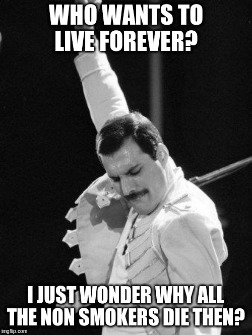 Freddie Mercury | WHO WANTS TO LIVE FOREVER? I JUST WONDER WHY ALL THE NON SMOKERS DIE THEN? | image tagged in freddie mercury | made w/ Imgflip meme maker