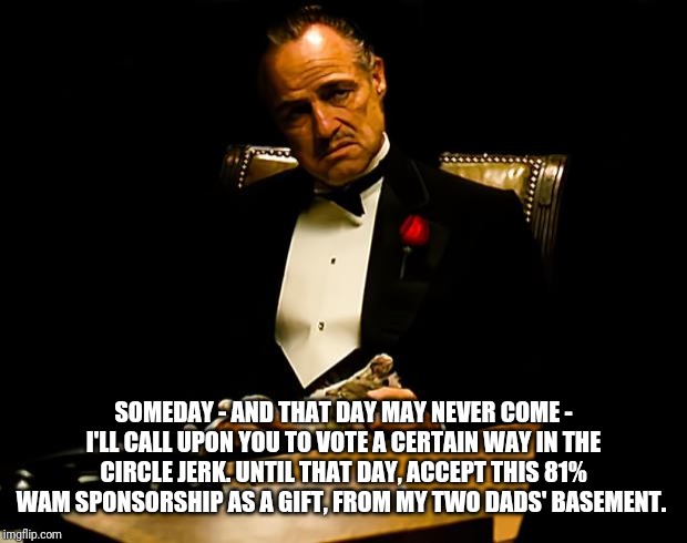 Godfather | SOMEDAY - AND THAT DAY MAY NEVER COME - I'LL CALL UPON YOU TO VOTE A CERTAIN WAY IN THE CIRCLE JERK. UNTIL THAT DAY, ACCEPT THIS 81% WAM SPONSORSHIP AS A GIFT, FROM MY TWO DADS' BASEMENT. | image tagged in godfather | made w/ Imgflip meme maker
