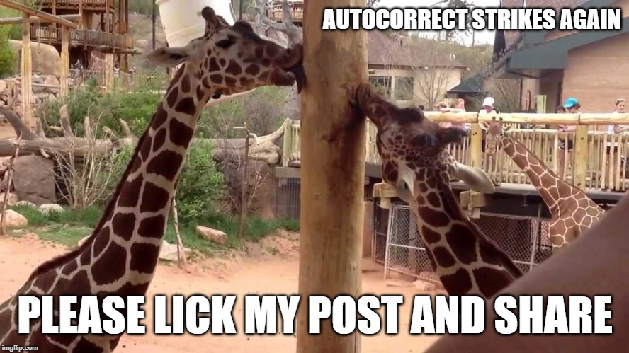 Post Licks | AUTOCORRECT STRIKES AGAIN; PLEASE LICK MY POST AND SHARE | image tagged in giraffe,posts,facebook,social,licking,funny | made w/ Imgflip meme maker
