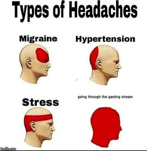 thier's so many fortnite memes | going through the gaming stream | image tagged in types of headaches meme | made w/ Imgflip meme maker