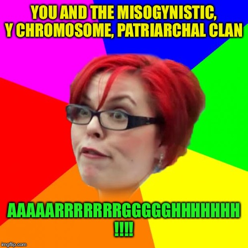 angry feminist | YOU AND THE MISOGYNISTIC, Y CHROMOSOME, PATRIARCHAL CLAN AAAAARRRRRRRGGGGGHHHHHHH !!!! | image tagged in angry feminist | made w/ Imgflip meme maker