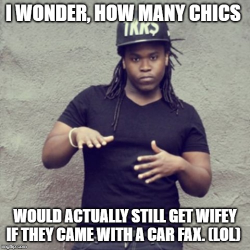 Sean Cos Mason | I WONDER, HOW MANY CHICS; WOULD ACTUALLY STILL GET WIFEY IF THEY CAME WITH A CAR FAX. (LOL) | image tagged in sean cos mason | made w/ Imgflip meme maker