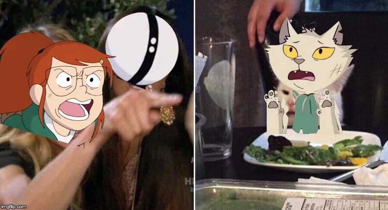 Infinity Train Episode 9 in a Nutshell | image tagged in woman pointing at cat,cartoon network,cartoon,angry,memes,new memes | made w/ Imgflip meme maker