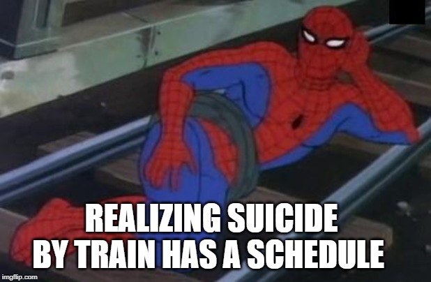 Sexy Railroad Spiderman Meme | REALIZING SUICIDE BY TRAIN HAS A SCHEDULE | image tagged in memes,sexy railroad spiderman,spiderman | made w/ Imgflip meme maker