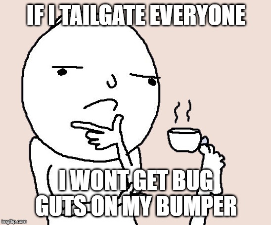 Guy holding a tea cup with a foot | IF I TAILGATE EVERYONE; I WONT GET BUG GUTS ON MY BUMPER | image tagged in guy holding a tea cup with a foot | made w/ Imgflip meme maker