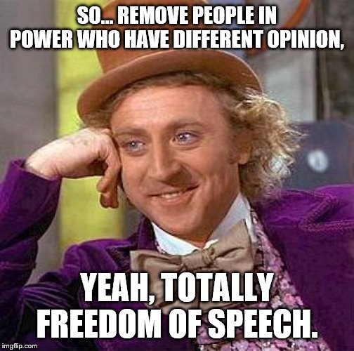 Creepy Condescending Wonka Meme | SO... REMOVE PEOPLE IN POWER WHO HAVE DIFFERENT OPINION, YEAH, TOTALLY FREEDOM OF SPEECH. | image tagged in memes,creepy condescending wonka | made w/ Imgflip meme maker