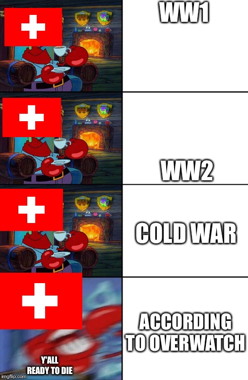 Shocked Mr Krabs | WW1; WW2; COLD WAR; ACCORDING TO OVERWATCH; Y'ALL READY TO DIE | image tagged in shocked mr krabs | made w/ Imgflip meme maker