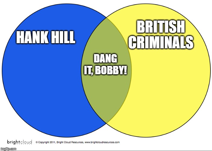Venn 1 | HANK HILL; BRITISH CRIMINALS; DANG IT, BOBBY! | image tagged in venn 1,king of the hill,dang it,hank hill,british,police | made w/ Imgflip meme maker