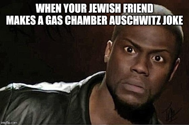 Kevin Hart Meme | WHEN YOUR JEWISH FRIEND MAKES A GAS CHAMBER AUSCHWITZ JOKE | image tagged in memes,kevin hart | made w/ Imgflip meme maker