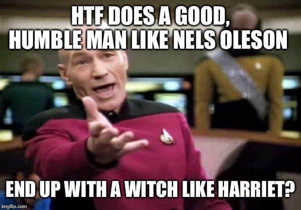 Picard Wtf | HTF DOES A GOOD, HUMBLE MAN LIKE NELS OLESON; END UP WITH A WITCH LIKE HARRIET? | image tagged in memes,picard wtf | made w/ Imgflip meme maker