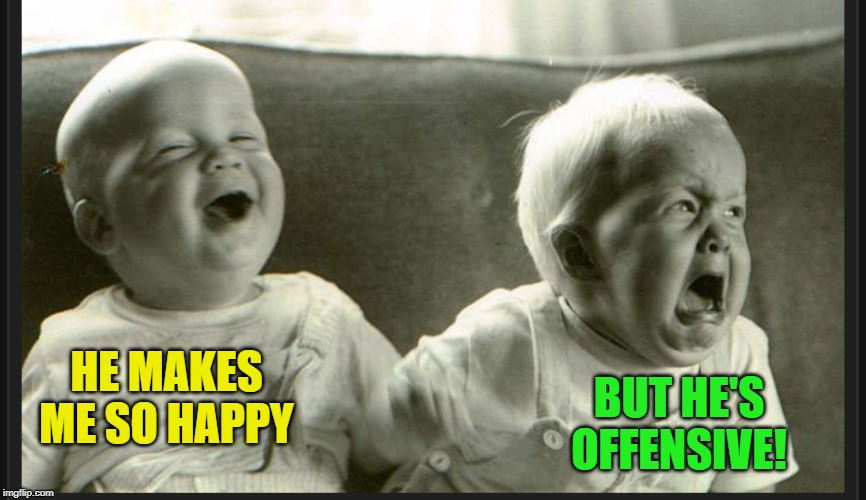 Laugh cry twin babies | HE MAKES ME SO HAPPY BUT HE'S OFFENSIVE! | image tagged in laugh cry twin babies | made w/ Imgflip meme maker
