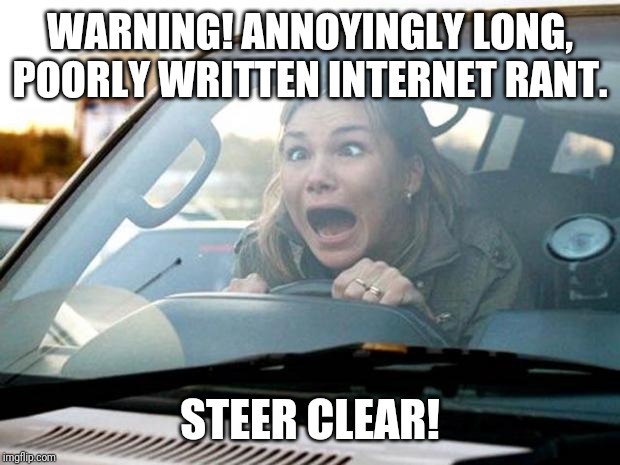 woman driver | WARNING! ANNOYINGLY LONG, POORLY WRITTEN INTERNET RANT. STEER CLEAR! | image tagged in woman driver | made w/ Imgflip meme maker