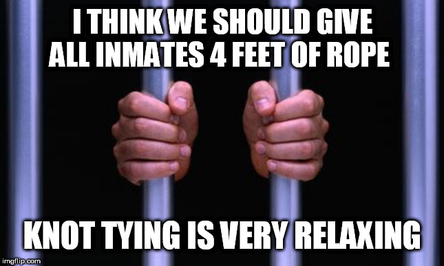 Prison Bars | I THINK WE SHOULD GIVE ALL INMATES 4 FEET OF ROPE; KNOT TYING IS VERY RELAXING | image tagged in prison bars | made w/ Imgflip meme maker