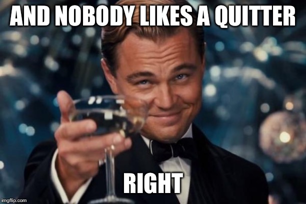 Leonardo Dicaprio Cheers Meme | AND NOBODY LIKES A QUITTER RIGHT | image tagged in memes,leonardo dicaprio cheers | made w/ Imgflip meme maker