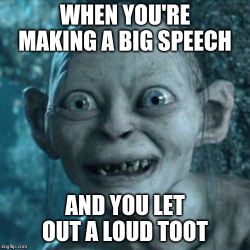 Gollum Meme | WHEN YOU'RE MAKING A BIG SPEECH; AND YOU LET OUT A LOUD TOOT | image tagged in memes,gollum | made w/ Imgflip meme maker