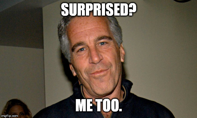 Jeffrey Epstein | SURPRISED? ME TOO. | image tagged in jeffrey epstein | made w/ Imgflip meme maker