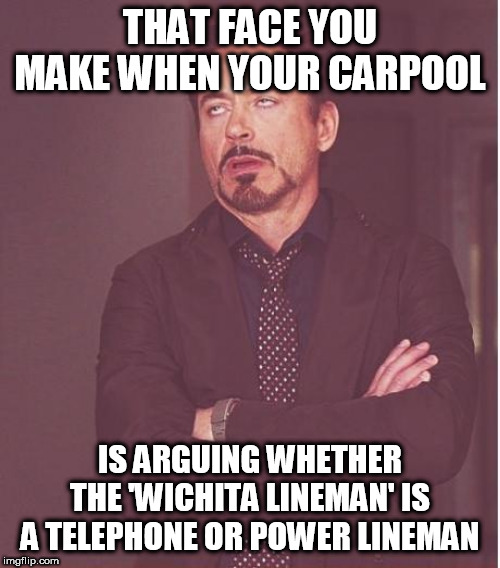Face You Make Robert Downey Jr Meme | THAT FACE YOU MAKE WHEN YOUR CARPOOL; IS ARGUING WHETHER THE 'WICHITA LINEMAN' IS A TELEPHONE OR POWER LINEMAN | image tagged in memes,face you make robert downey jr | made w/ Imgflip meme maker