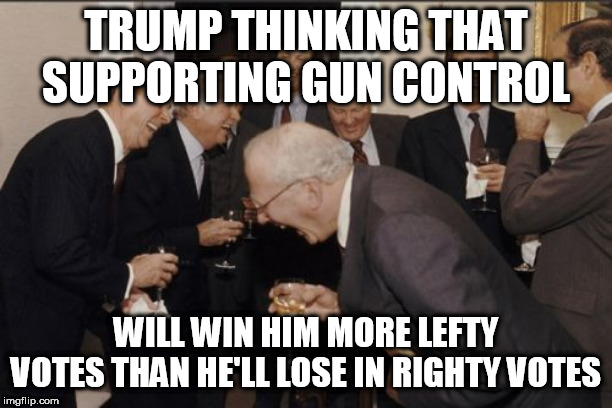 Laughing Men In Suits Meme | TRUMP THINKING THAT SUPPORTING GUN CONTROL; WILL WIN HIM MORE LEFTY VOTES THAN HE'LL LOSE IN RIGHTY VOTES | image tagged in memes,laughing men in suits | made w/ Imgflip meme maker