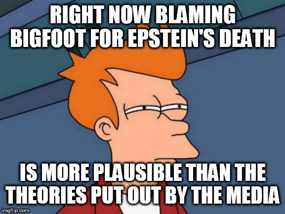 Futurama Fry Meme | RIGHT NOW BLAMING BIGFOOT FOR EPSTEIN'S DEATH; IS MORE PLAUSIBLE THAN THE THEORIES PUT OUT BY THE MEDIA | image tagged in memes,futurama fry | made w/ Imgflip meme maker