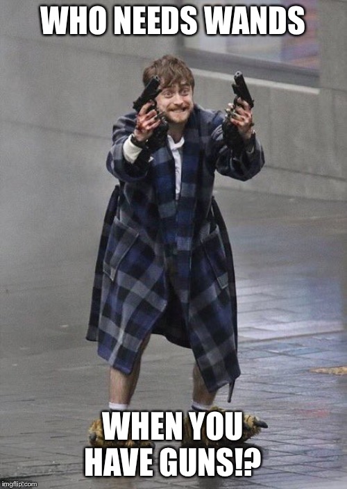 Harry Potter Guns | WHO NEEDS WANDS; WHEN YOU HAVE GUNS!? | image tagged in harry potter guns | made w/ Imgflip meme maker