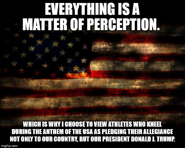 USA Flag | EVERYTHING IS A MATTER OF PERCEPTION. WHICH IS WHY I CHOOSE TO VIEW ATHLETES WHO KNEEL DURING THE ANTHEM OF THE USA AS PLEDGING THEIR ALLEGIANCE NOT ONLY TO OUR COUNTRY, BUT OUR PRESIDENT DONALD J. TRUMP. | image tagged in usa flag | made w/ Imgflip meme maker