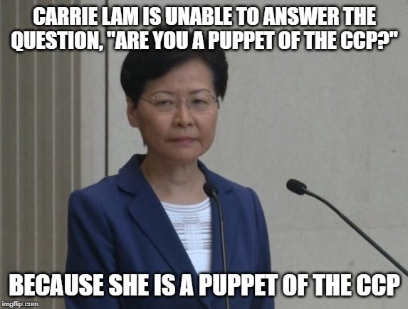 Carrie Lam | CARRIE LAM IS UNABLE TO ANSWER THE QUESTION, "ARE YOU A PUPPET OF THE CCP?"; BECAUSE SHE IS A PUPPET OF THE CCP | image tagged in hong kong,china,carrie,lam | made w/ Imgflip meme maker