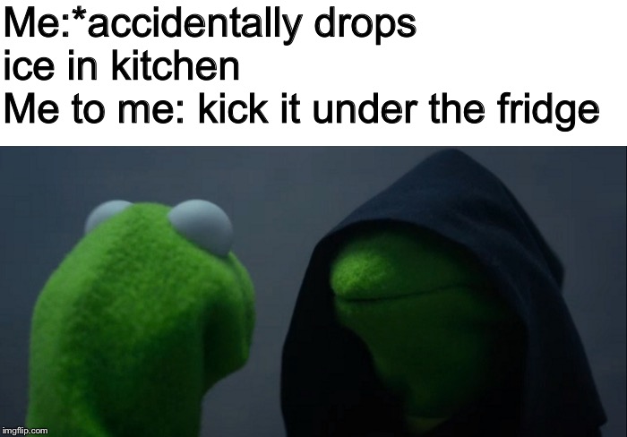 Evil Kermit Meme | Me:*accidentally drops ice in kitchen
Me to me: kick it under the fridge | image tagged in memes,evil kermit | made w/ Imgflip meme maker
