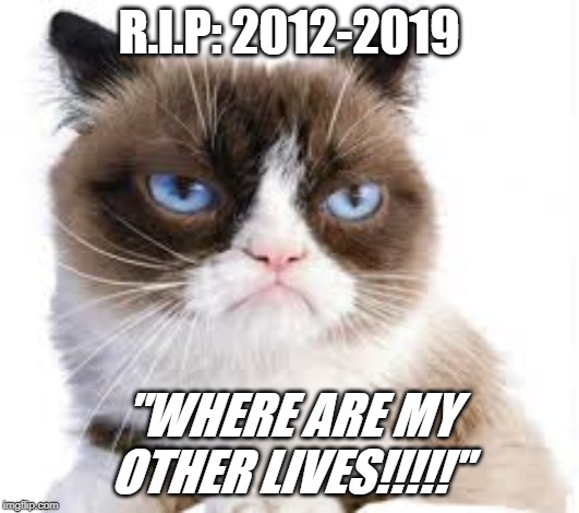 R.I.P: 2012-2019; "WHERE ARE MY OTHER LIVES!!!!!" | image tagged in fun | made w/ Imgflip meme maker
