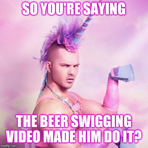 SO YOU'RE SAYING THE BEER SWIGGING VIDEO MADE HIM DO IT? | image tagged in memes,unicorn man | made w/ Imgflip meme maker