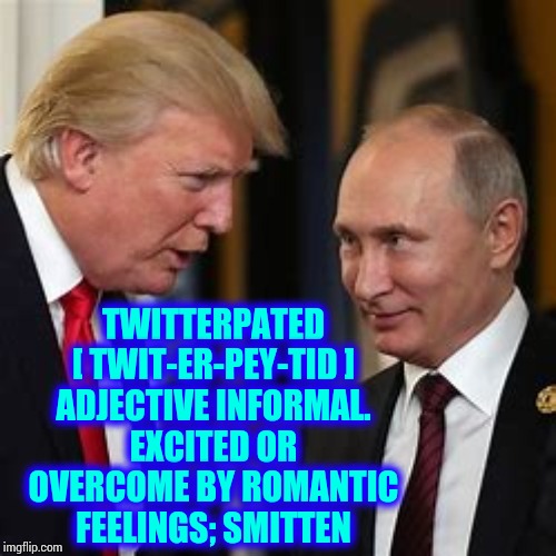 Twits | TWITTERPATED [ TWIT-ER-PEY-TID ]
ADJECTIVE INFORMAL.
EXCITED OR OVERCOME BY ROMANTIC FEELINGS; SMITTEN | image tagged in memes,trump twitter,trump putin,putin trump,trump unfit unqualified dangerous,true dat | made w/ Imgflip meme maker