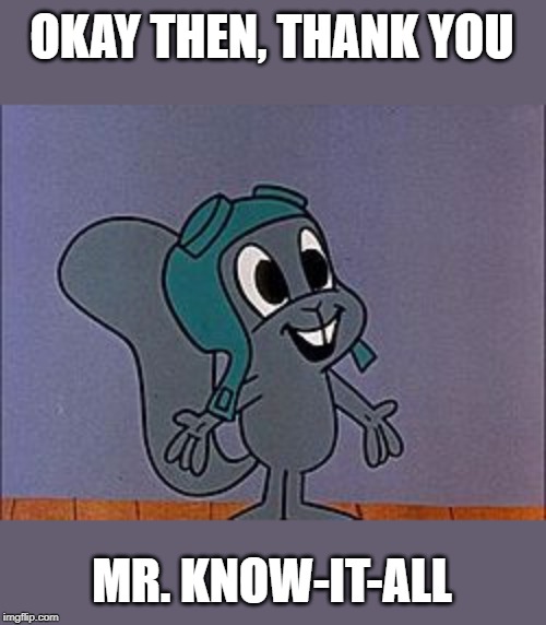 Mr. Know It All | OKAY THEN, THANK YOU; MR. KNOW-IT-ALL | image tagged in know it all,rocky | made w/ Imgflip meme maker