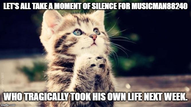 Praying cat | LET'S ALL TAKE A MOMENT OF SILENCE FOR MUSICMAN88240 WHO TRAGICALLY TOOK HIS OWN LIFE NEXT WEEK. | image tagged in praying cat | made w/ Imgflip meme maker
