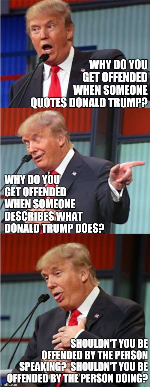 What Bill Of Rights? | WHY DO YOU GET OFFENDED WHEN SOMEONE QUOTES DONALD TRUMP? WHY DO YOU GET OFFENDED WHEN SOMEONE DESCRIBES WHAT DONALD TRUMP DOES? SHOULDN'T YOU BE OFFENDED BY THE PERSON SPEAKING?  SHOULDN'T YOU BE OFFENDED BY THE PERSON DOING? | image tagged in bad pun trump,trump unfit unqualified dangerous,lock him up,obstruction of justice,memes,donald trump is an idiot | made w/ Imgflip meme maker