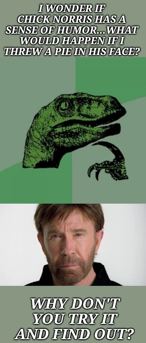 Naw, I'm good. | I WONDER IF CHICK NORRIS HAS A SENSE OF HUMOR...WHAT WOULD HAPPEN IF I THREW A PIE IN HIS FACE? WHY DON'T YOU TRY IT AND FIND OUT? | image tagged in memes,philosoraptor,chuck norris | made w/ Imgflip meme maker