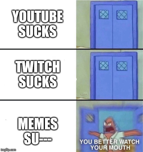 You better watch your mouth | YOUTUBE SUCKS; TWITCH SUCKS; MEMES SU--- | image tagged in you better watch your mouth | made w/ Imgflip meme maker