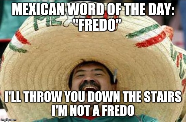 mexican word of the day | MEXICAN WORD OF THE DAY:
   "FREDO"; I'LL THROW YOU DOWN THE STAIRS
I'M NOT A FREDO | image tagged in mexican word of the day | made w/ Imgflip meme maker