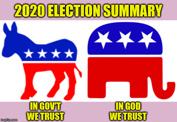 Democratic Platform: replacing God with Gov't. | 2020 ELECTION SUMMARY; IN GOV'T WE TRUST; IN GOD WE TRUST | image tagged in liberal logic,trump 2020,maga,god bless america | made w/ Imgflip meme maker