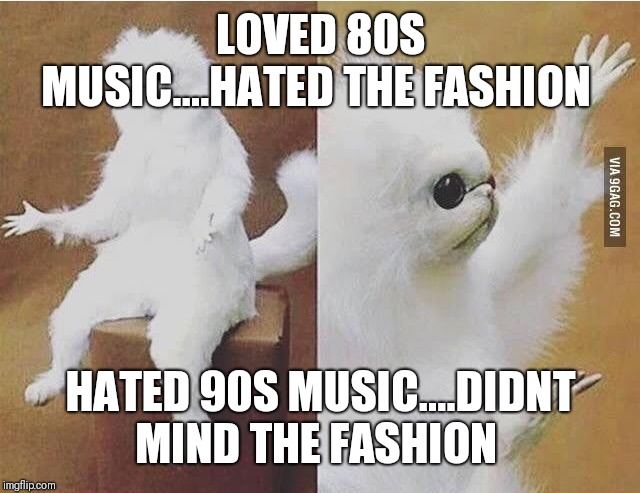 Confused white monkey | LOVED 80S MUSIC....HATED THE FASHION; HATED 90S MUSIC....DIDNT MIND THE FASHION | image tagged in confused white monkey | made w/ Imgflip meme maker
