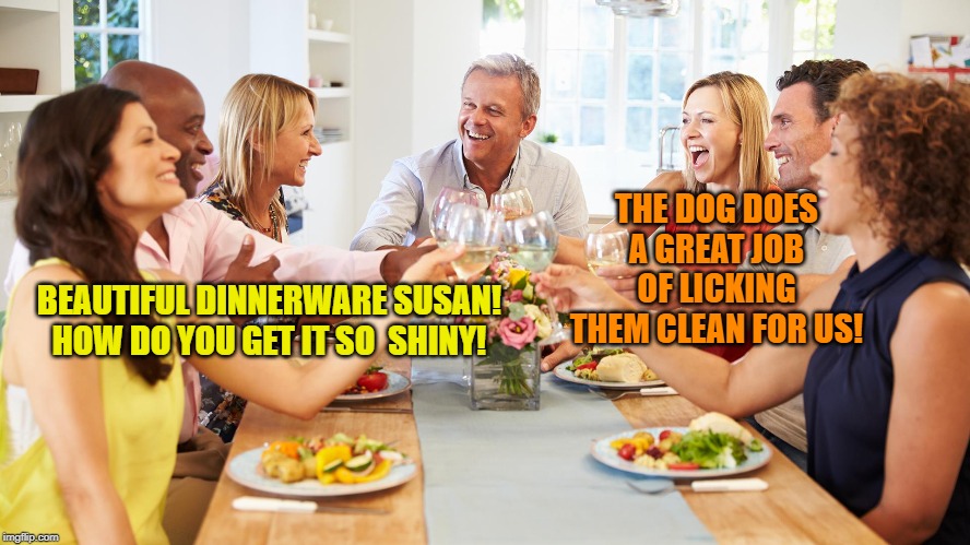 BEAUTIFUL DINNERWARE SUSAN! HOW DO YOU GET IT SO  SHINY! THE DOG DOES A GREAT JOB OF LICKING THEM CLEAN FOR US! | made w/ Imgflip meme maker